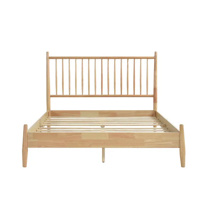 Mid-Century Modern Design Full Platform Bed 1pc Natural Finish Wooden Bedroom Furniture Vertical Slats Headboard, Bed in a Box