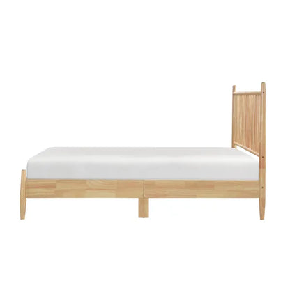 Mid-Century Modern Design Full Platform Bed 1pc Natural Finish Wooden Bedroom Furniture Vertical Slats Headboard, Bed in a Box