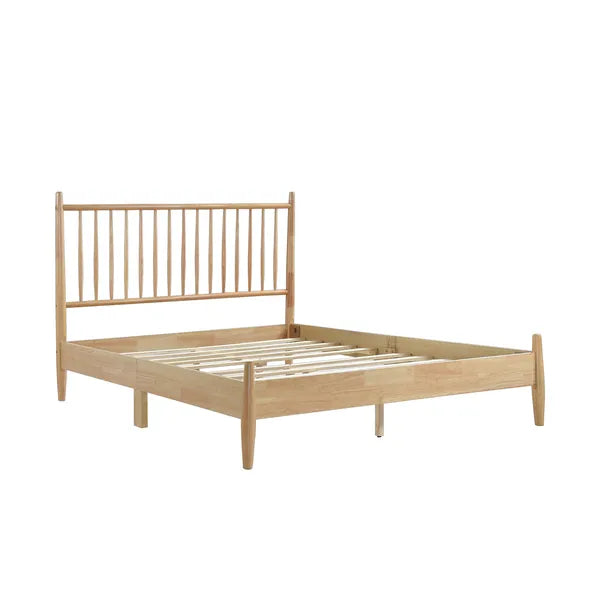 Mid-Century Modern Design Full Platform Bed 1pc Natural Finish Wooden Bedroom Furniture Vertical Slats Headboard, Bed in a Box