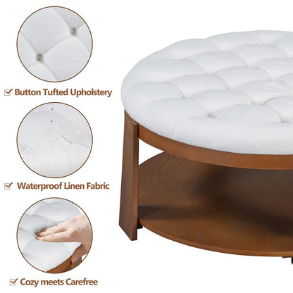 Modern Large Round Ottoman Coffee Table 2-Tier Oversized Button Tufted Ottoman with Wood Shelf Storage Upholstered Coffee Table for Living Room Footrest Ottoman with wheel, waterproof Linen