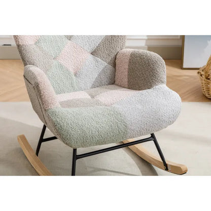 SALEModern Patchwork Accent Chair with Solid Wood Armrest and Feet, Kids Rocking Chair Nursery,Comfy Wingback Baby Rocker Glider Chair for Nursery, Living Room, Bedroom,Comfy Side Armchair for Bed