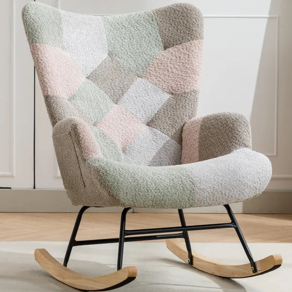 SALEModern Patchwork Accent Chair with Solid Wood Armrest and Feet, Kids Rocking Chair Nursery,Comfy Wingback Baby Rocker Glider Chair for Nursery, Living Room, Bedroom,Comfy Side Armchair for Bed