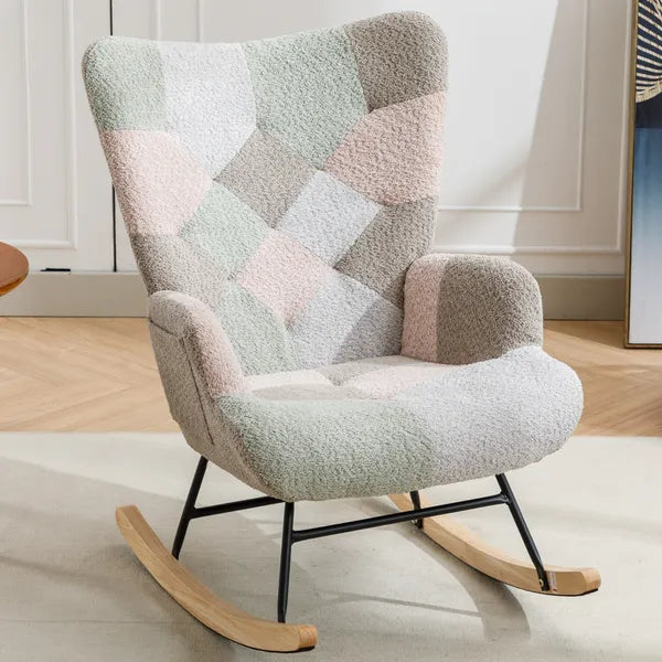 SALEModern Patchwork Accent Chair with Solid Wood Armrest and Feet, Kids Rocking Chair Nursery,Comfy Wingback Baby Rocker Glider Chair for Nursery, Living Room, Bedroom,Comfy Side Armchair for Bed