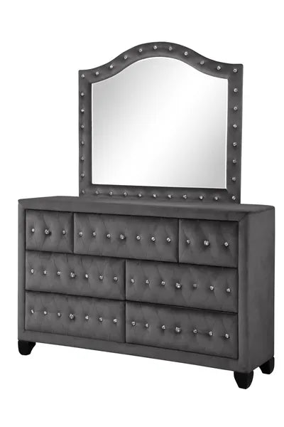 Modern Style Crystal Tufted Upholstery 7-Drawer Dresser finished with Velvet Fabric made with Wood in Gray