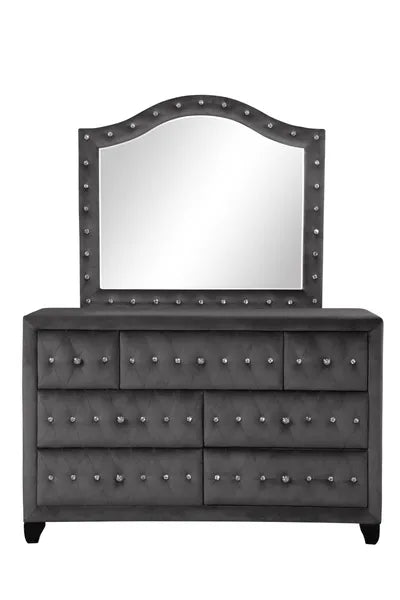 Modern Style Crystal Tufted Upholstery 7-Drawer Dresser finished with Velvet Fabric made with Wood in Gray