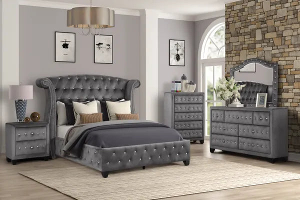 Modern Style Crystal Tufted Upholstery 7-Drawer Dresser finished with Velvet Fabric made with Wood in Gray