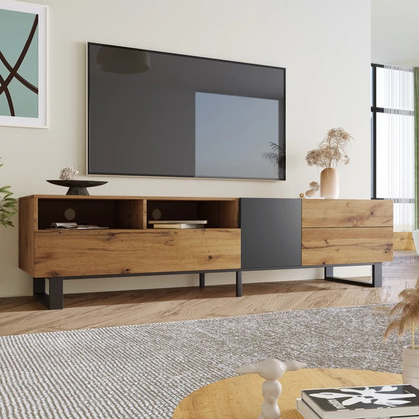 Modern TV Stand for 80'' TV with Double Storage Space, Media Console Table, Entertainment Center with Drop Down Door for Living Room, Bedroom, Home Theatre