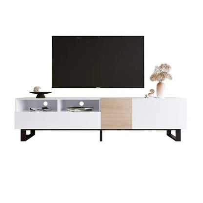 Modern TV Stand for 80'' TV with Double Storage Space, Media Console Table, Entertainment Center with Drop Down Door for Living Room, Bedroom, Home Theatre