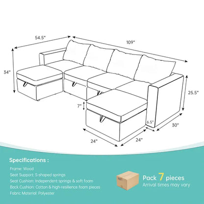 Modular Sectional Sofa with Storage, 109'' L-Shaped Upholstered Couch with Hidden Compartments, Wooden Frame and Polyester Fabric, Space-Saving Design, Available in Black, Beige, and Gray