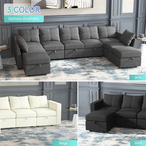 Modular Sectional Sofa with Storage, 109'' L-Shaped Upholstered Couch with Hidden Compartments, Wooden Frame and Polyester Fabric, Space-Saving Design, Available in Black, Beige, and Gray