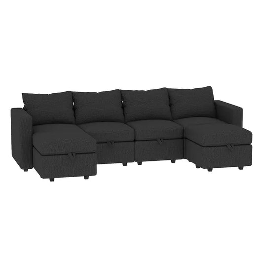 Modular Sectional Sofa with Storage, 109'' L-Shaped Upholstered Couch with Hidden Compartments, Wooden Frame and Polyester Fabric, Space-Saving Design, Available in Black, Beige, and Gray