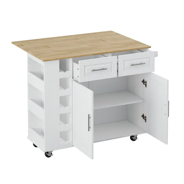 Multi-Functional Kitchen Island Cart with 2 Door Cabinet and Two Drawers,Spice Rack, Towel Holder, Wine Rack, and Foldable Rubberwood Table Top