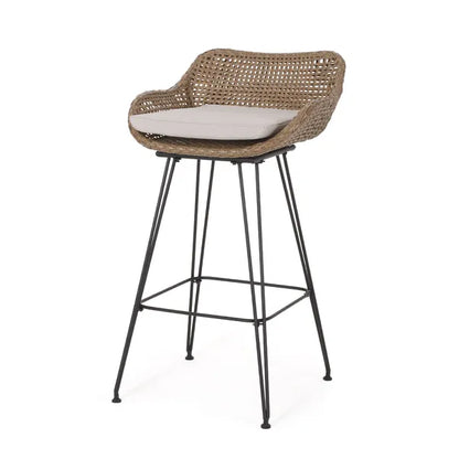 Outdoor 29.25'' Wicker and Iron Barstool with Cushion (Set of 2)