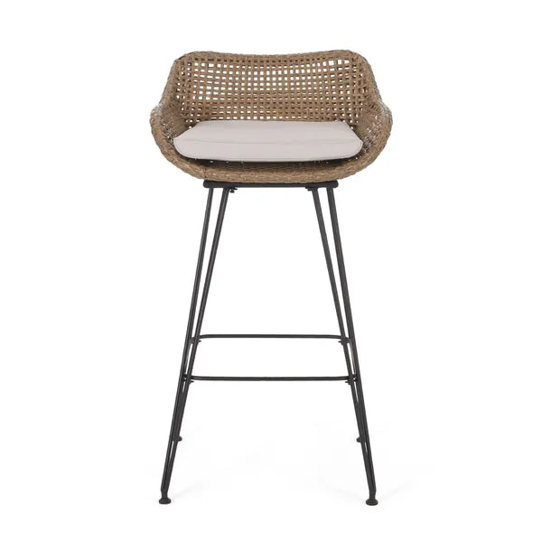 Outdoor 29.25'' Wicker and Iron Barstool with Cushion (Set of 2)