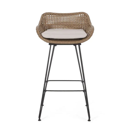 Outdoor 29.25'' Wicker and Iron Barstool with Cushion (Set of 2)