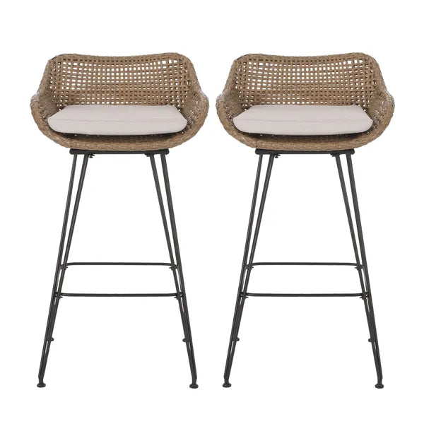 Outdoor 29.25'' Wicker and Iron Barstool with Cushion (Set of 2)