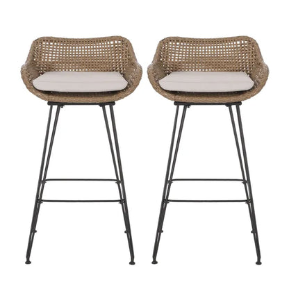 Outdoor 29.25'' Wicker and Iron Barstool with Cushion (Set of 2)