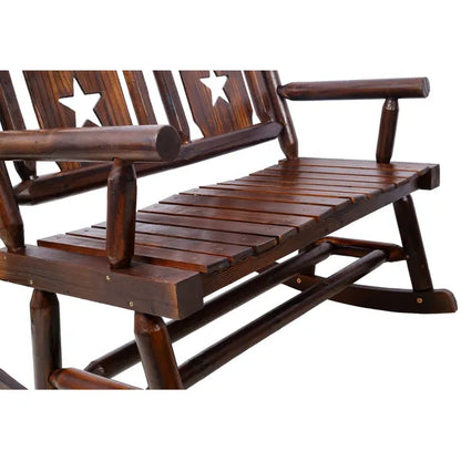 Outdoor Wood Rocking Bench Carbonized Double Rocking Chair for 2 Persons with Wide Curved Seat, Porch Rocker for Porch, Garden, Backyard, Rustic Brown