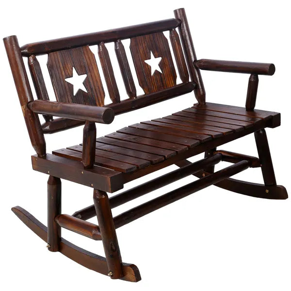 Outdoor Wood Rocking Bench Carbonized Double Rocking Chair for 2 Persons with Wide Curved Seat, Porch Rocker for Porch, Garden, Backyard, Rustic Brown