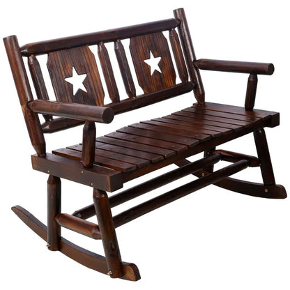 Outdoor Wood Rocking Bench Carbonized Double Rocking Chair for 2 Persons with Wide Curved Seat, Porch Rocker for Porch, Garden, Backyard, Rustic Brown