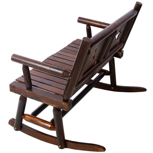 Outdoor Wood Rocking Bench Carbonized Double Rocking Chair for 2 Persons with Wide Curved Seat, Porch Rocker for Porch, Garden, Backyard, Rustic Brown