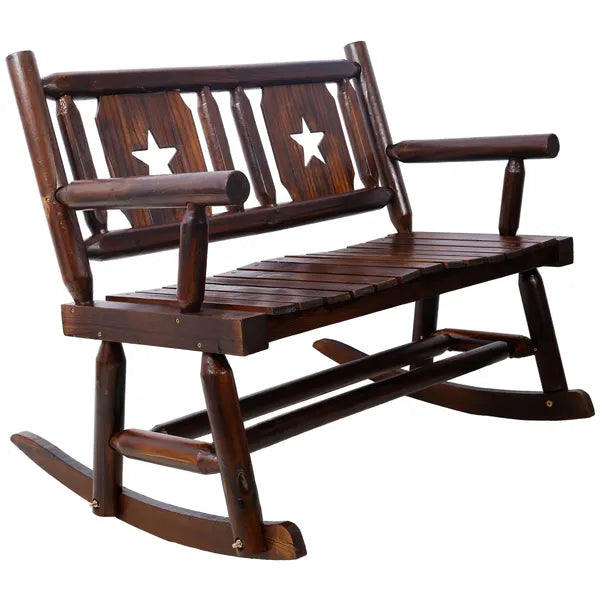 Outdoor Wood Rocking Bench Carbonized Double Rocking Chair for 2 Persons with Wide Curved Seat, Porch Rocker for Porch, Garden, Backyard, Rustic Brown