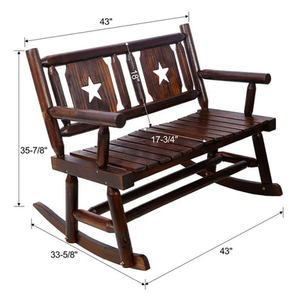 Outdoor Wood Rocking Bench Carbonized Double Rocking Chair for 2 Persons with Wide Curved Seat, Porch Rocker for Porch, Garden, Backyard, Rustic Brown