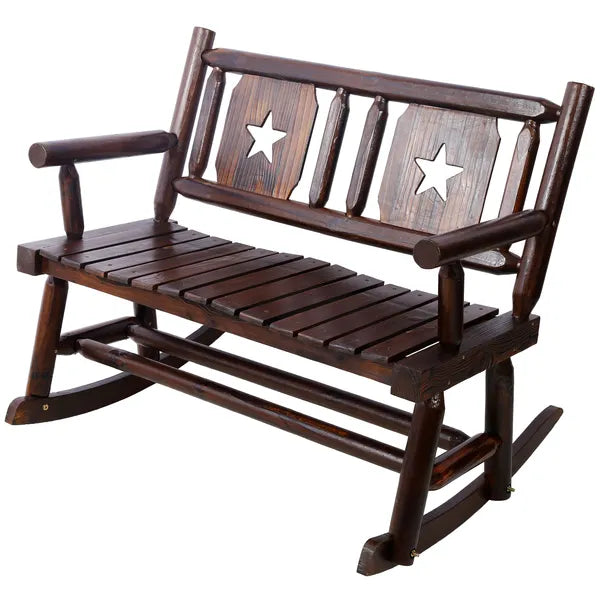 Outdoor Wood Rocking Bench Carbonized Double Rocking Chair for 2 Persons with Wide Curved Seat, Porch Rocker for Porch, Garden, Backyard, Rustic Brown