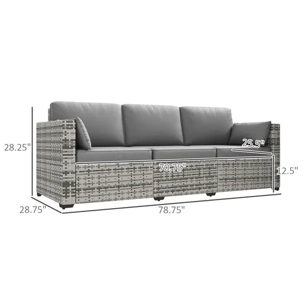 Outsunny Wicker Patio Couch, PE Rattan 3-Seat Sofa, Outdoor Furniture with Deep Seating, Cushions, Steel Frame, Gray