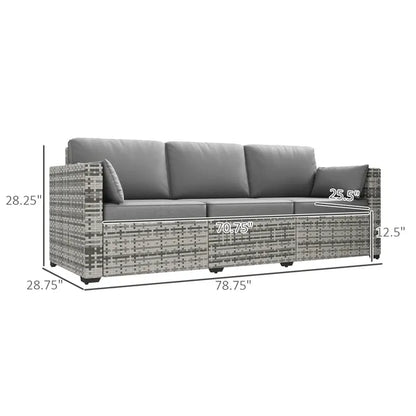 Outsunny Wicker Patio Couch, PE Rattan 3-Seat Sofa, Outdoor Furniture with Deep Seating, Cushions, Steel Frame, Gray