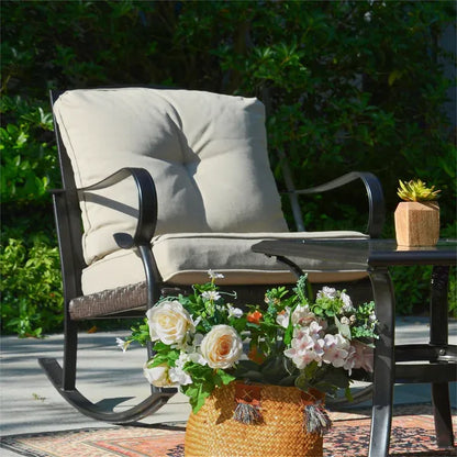 Patio Garden Wicker Rocking Chair*2 and H18.91" Table Set, Tempered Glass Top