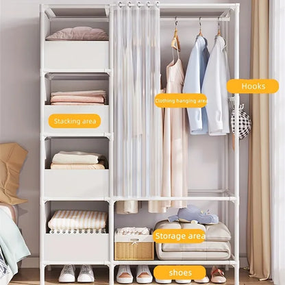 Portable simple wardrobe with 4-tier, separate wardrobe organizer storage system with metal hanging rods and side hooks. Suitable for wardrobes and bedrooms