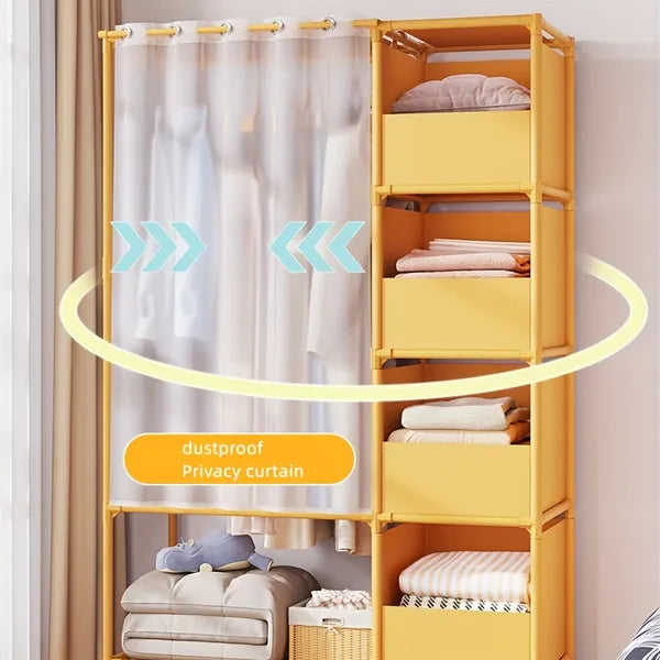 Portable simple wardrobe with 4-tier, separate wardrobe organizer storage system with metal hanging rods and side hooks. Suitable for wardrobes and bedrooms