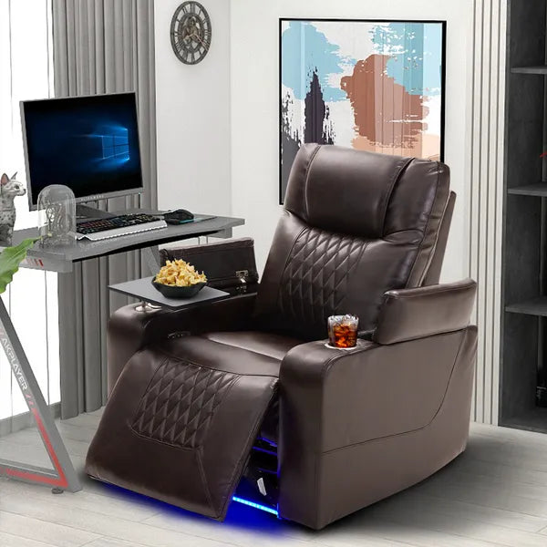 Power Motion Recliner with USB Charging Port and Hidden Arm Storage 2 Convenient Cup Holders Design and 360° Swivel Tray Table,Brown (old sku: SG000630AAD)