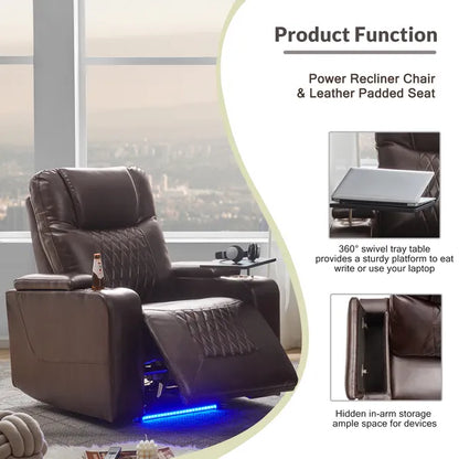 Power Motion Recliner with USB Charging Port and Hidden Arm Storage 2 Convenient Cup Holders Design and 360° Swivel Tray Table,Brown (old sku: SG000630AAD)