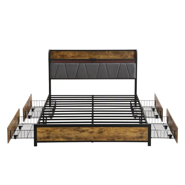 Queen Size Bed Frame, Storage Headboard with Charging Station and 4 Storage Drawers,LED Lights , Brown and and Gray