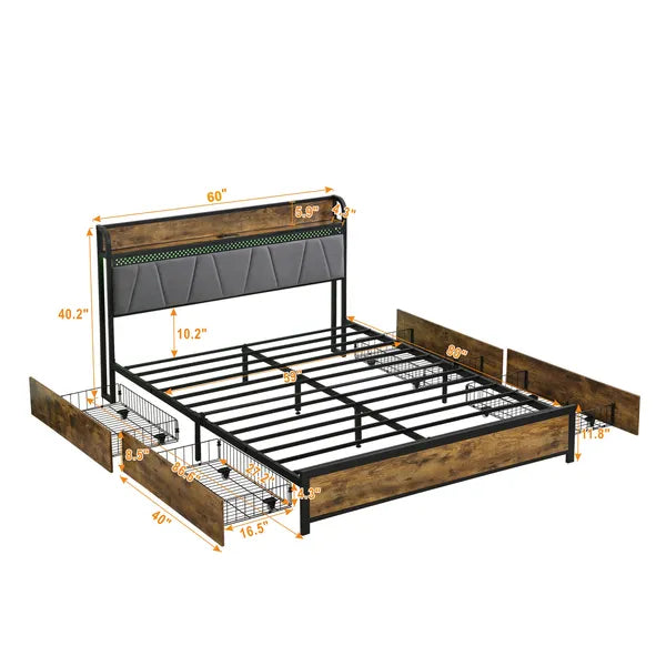 Queen Size Bed Frame, Storage Headboard with Charging Station and 4 Storage Drawers,LED Lights , Brown and and Gray