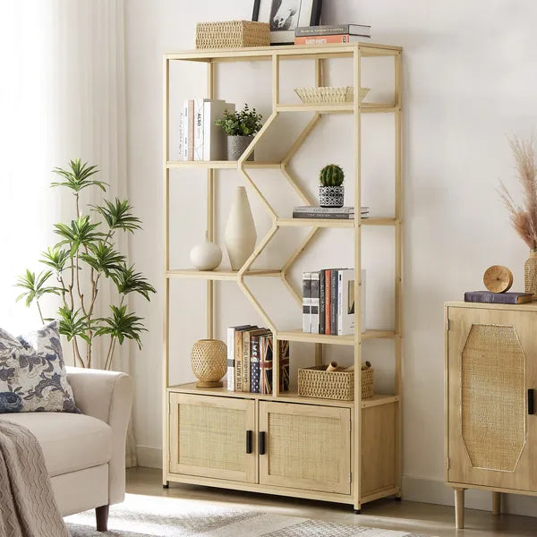 Rattan bookshelf 5 tiers Bookcases Storage Rack with cabinet for Living Room Home Office