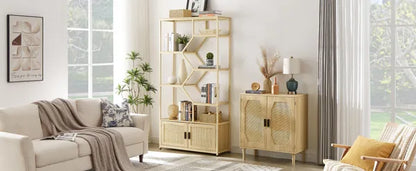 Rattan bookshelf 5 tiers Bookcases Storage Rack with cabinet for Living Room Home Office