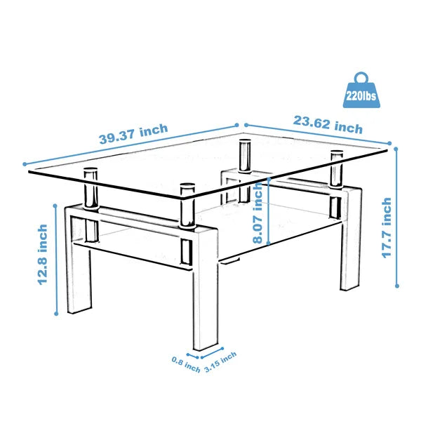 Rectangle Black Glass Coffee Table, Clear Coffee Table, Modern Side Center Tables for Living Room, Living Room Furniture