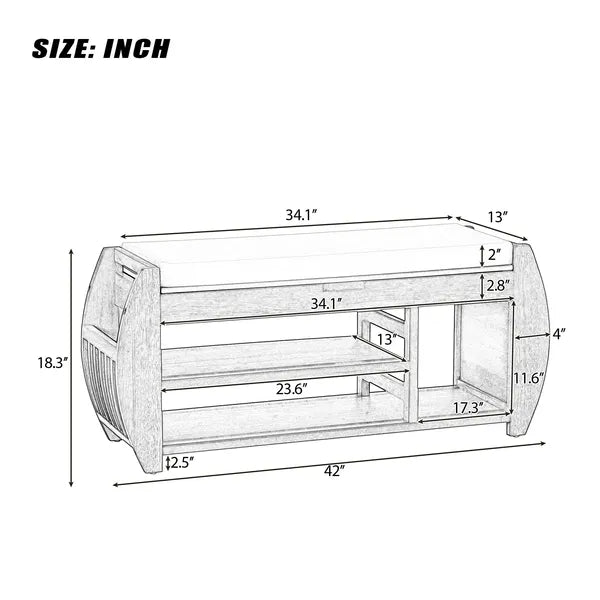 Retro Multifunctional Storage Bench with Cushion and Curved Side Panel for Entrance and Living Room