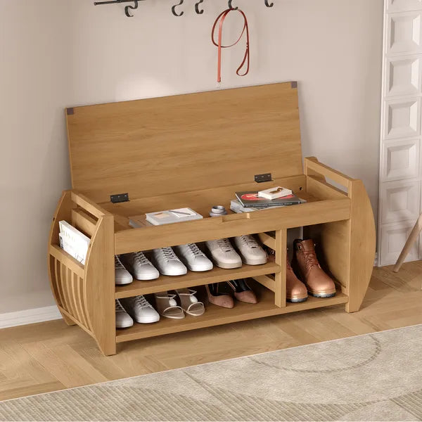 Retro Multifunctional Storage Bench with Cushion and Curved Side Panel for Entrance and Living Room