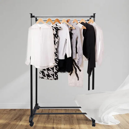 Rolling Clothes Rack on Wheels, Double Rod Portable Clothing Hanging Garment Rack Rolling Clothes Organizer on Lockable Wheels Mobile for Hanging Clothes