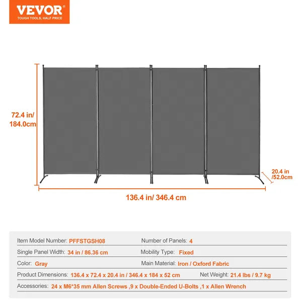 Room Divider 4 Panels Fabric Room Privacy Screen for Office Bedroom Grey