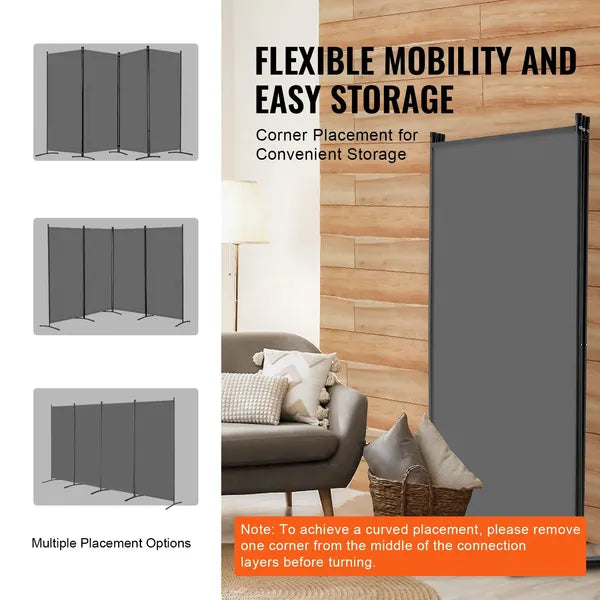 Room Divider 4 Panels Fabric Room Privacy Screen for Office Bedroom Grey