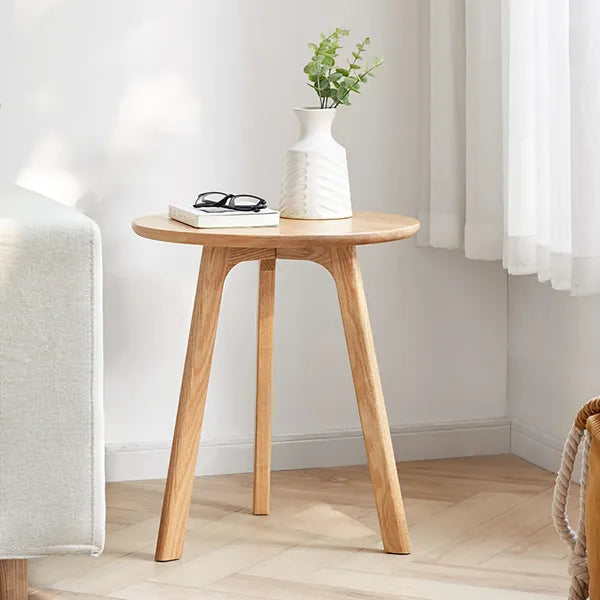 Round End Table- Small End Table Side Table Coffee Table Bedside Table Night Stand for Living Room Bedroom & Balcony, 100% Natural Solid Oak Wood Easy to Assemble