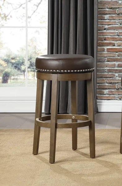 Round Swivel Bar Stools Set of 2, Brown Faux Leather 360-degree Swivel Seat Nailhead Trim Solid Wood Frame Brown Finish Furniture