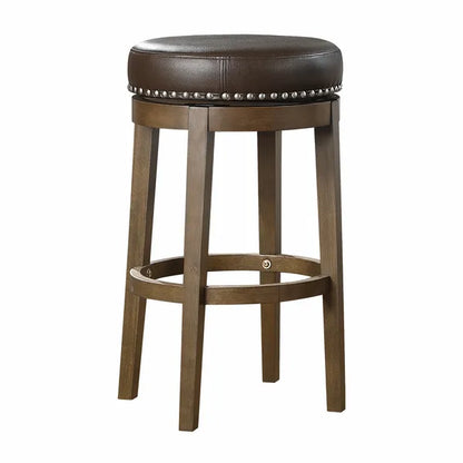 Round Swivel Bar Stools Set of 2, Brown Faux Leather 360-degree Swivel Seat Nailhead Trim Solid Wood Frame Brown Finish Furniture