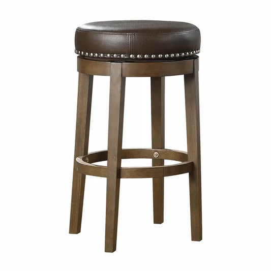 Round Swivel Bar Stools Set of 2, Brown Faux Leather 360-degree Swivel Seat Nailhead Trim Solid Wood Frame Brown Finish Furniture