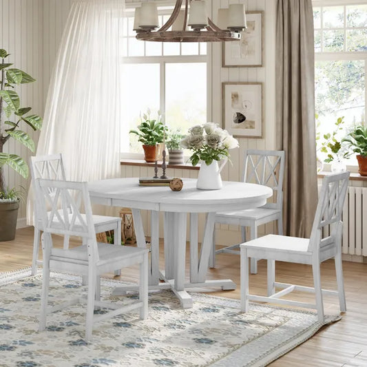 Rustic 5-Piece Extendable Dining Table Set Round Trestle Table and 4 Cross Back Dining Chairs for Kitchen, Dining Room